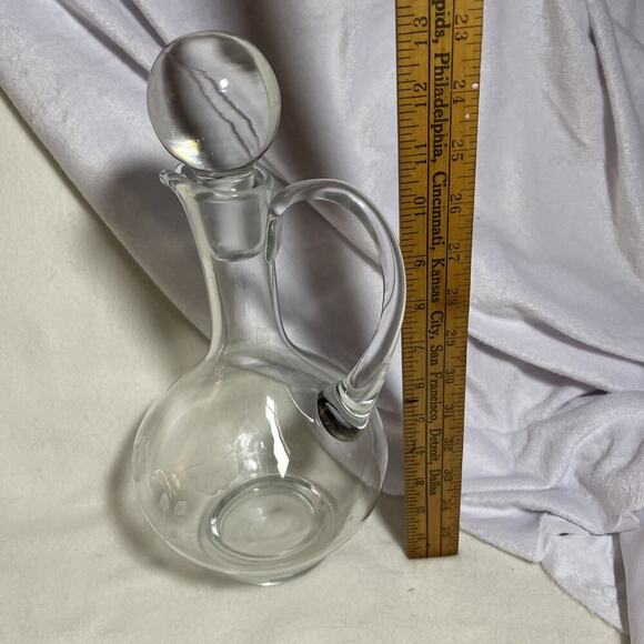 Etched Glass Elegant Cruet Bottle with Pour Spout, Handle & Heavy Ball Stopper - Picture 8 of 10